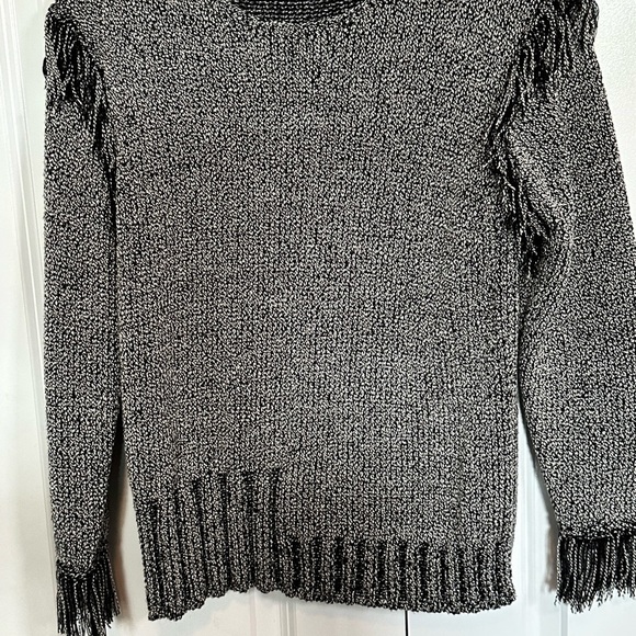 Fia Italia handloomed black and white knitted scoop neck sweater w/ fringe, S - Picture 3 of 4